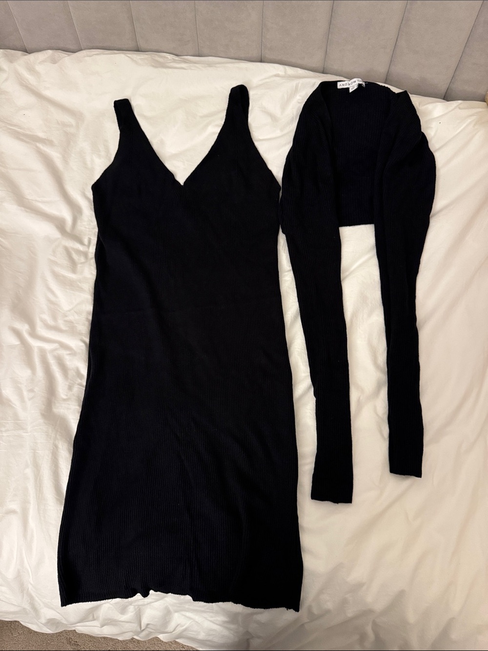 Black Ribbed V-Neck Midi Dress with Matching Bolero